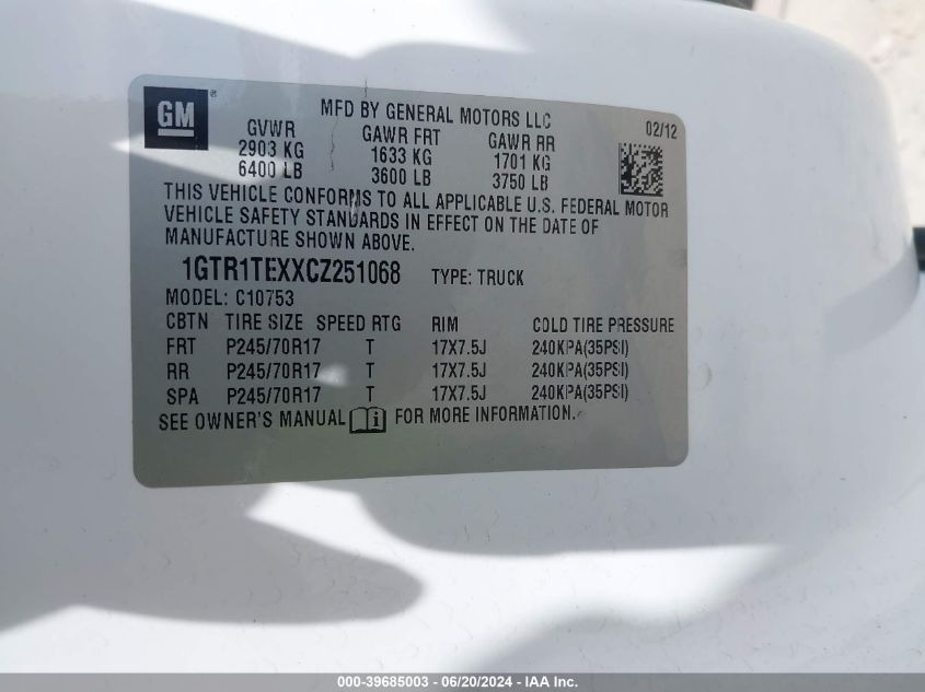 2012 GMC Sierra 1500 Work Truck VIN: 1GTR1TEXXCZ251068 Lot: 39685003