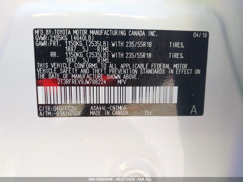 VIN 2T3RFREV9JW788224 2018 TOYOTA RAV4 ADVENTURE