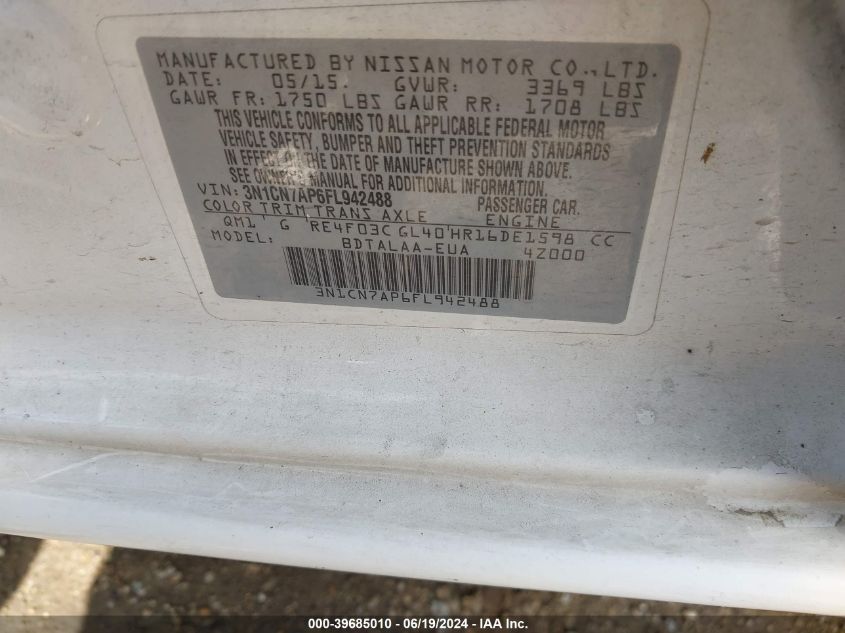 2015 Nissan Versa S/S Plus/Sv/Sl VIN: 3N1CN7AP6FL942488 Lot: 39685010