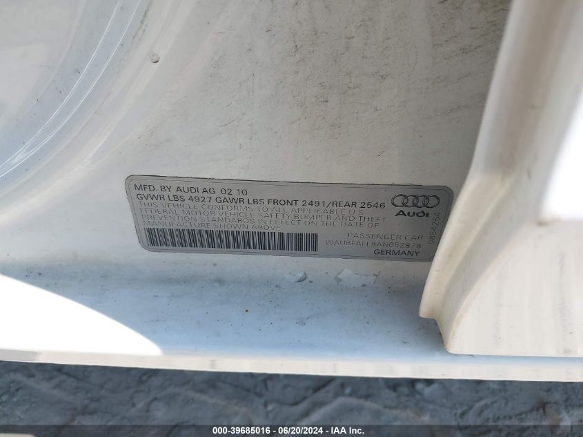 2010 Audi A4 2.0T Premium VIN: WAUBFAFL8AN052878 Lot: 39685016