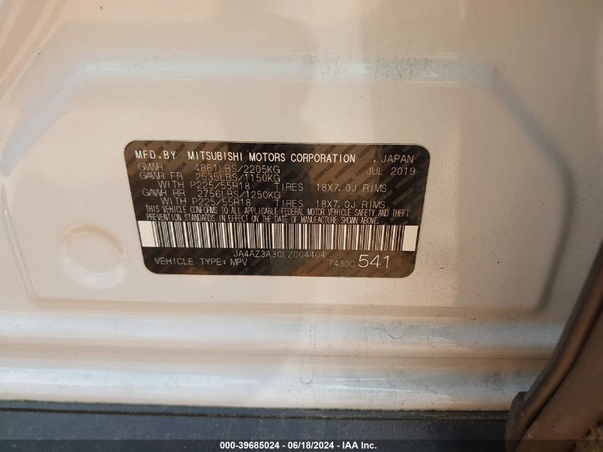 2020 Mitsubishi Outlander Sel 2.4 S-Awc VIN: JA4AZ3A30LZ004404 Lot: 39685024