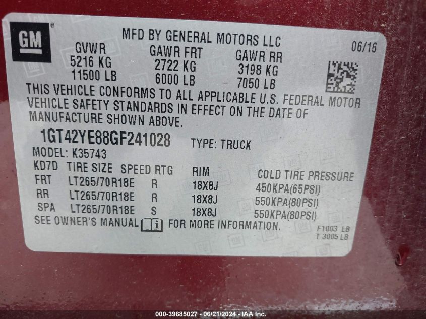 2016 GMC Sierra K3500 Denali VIN: 1GT42YE88GF241028 Lot: 39685027