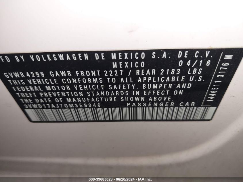 2016 Volkswagen Jetta 1.8T Sport VIN: 3VWD17AJ7GM359946 Lot: 39685028