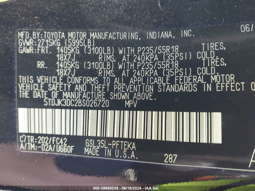 2011 Toyota Sienna Le VIN: 5TDJK3DC2BS026720 Lot: 39685039