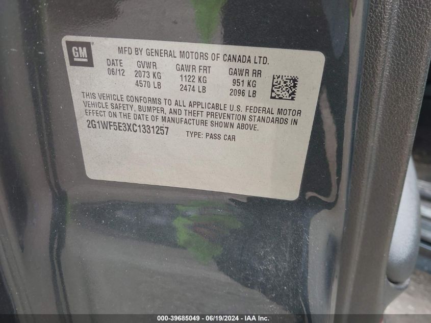 2012 Chevrolet Impala Ls VIN: 2G1WF5E3XC1331257 Lot: 39685049