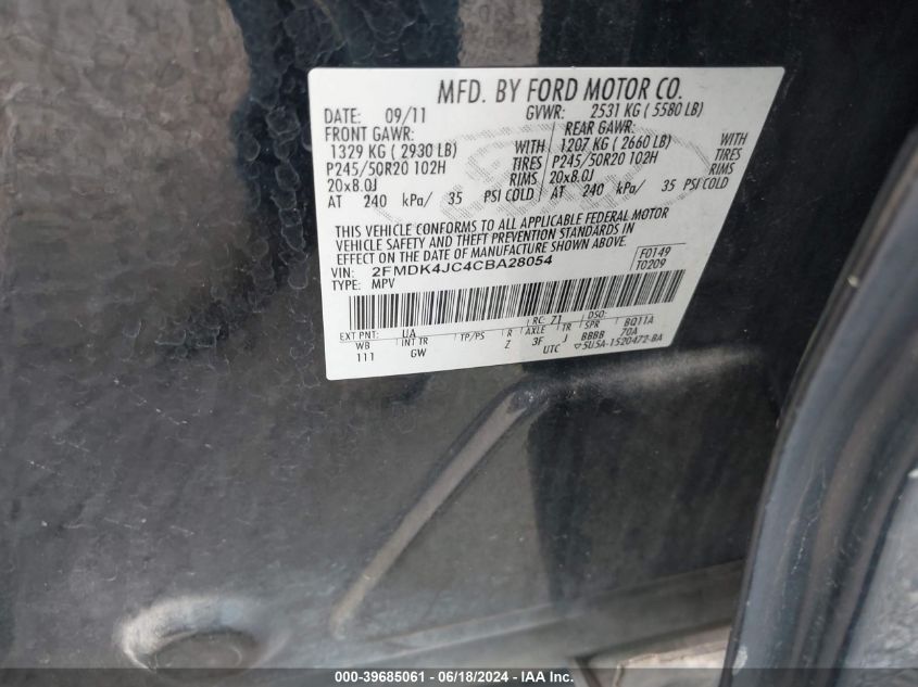 2012 Ford Edge Sel VIN: 2FMDK4JC4CBA28054 Lot: 39685061