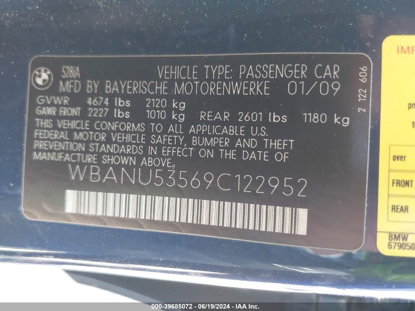 2009 BMW 528I VIN: WBANU53569C122952 Lot: 39685072
