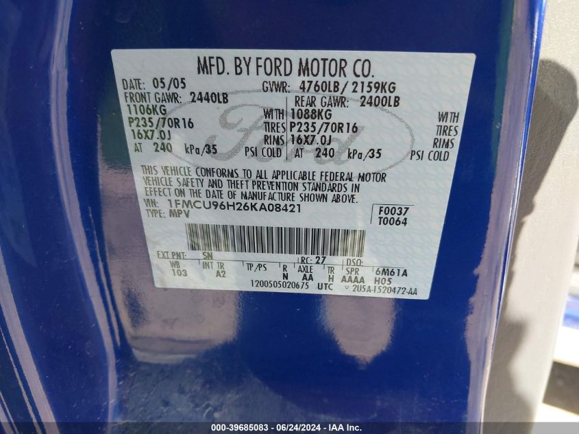 2006 Ford Escape Hybrid VIN: 1FMCU96H26KA08421 Lot: 39685083