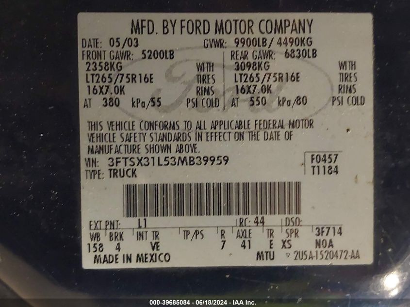 2003 Ford F-350 Lariat/Xl/Xlt VIN: 3FTSX31L53MB39959 Lot: 39685084