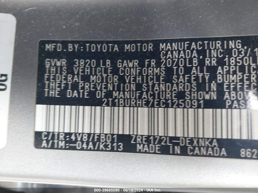 2014 Toyota Corolla Le VIN: 2T1BURHE7EC125091 Lot: 39685090