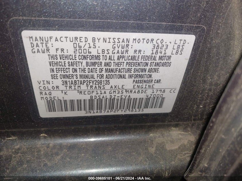 2015 Nissan Sentra S/Sv/Sr/Sl VIN: 3N1AB7AP2FY298135 Lot: 39685101