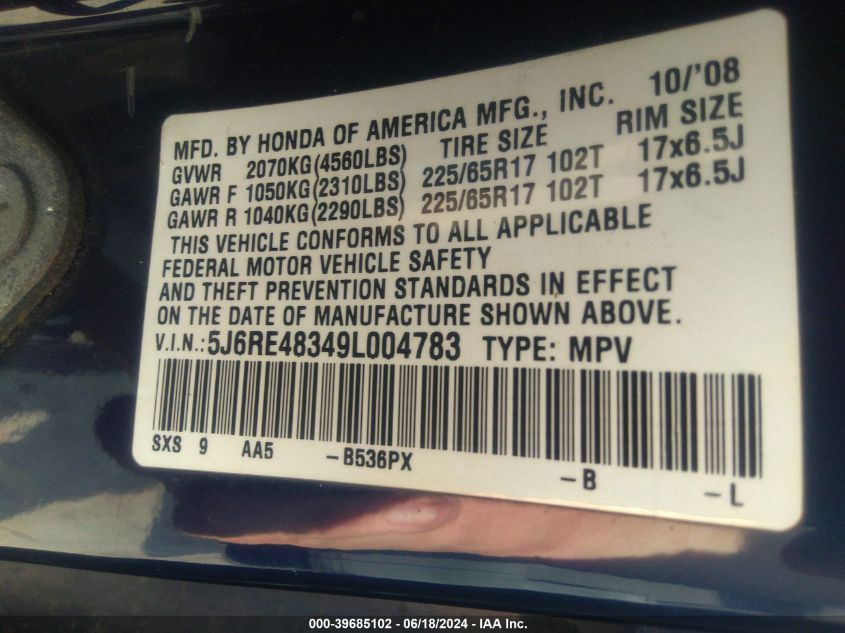 2009 Honda Cr-V Lx VIN: 5J6RE48349L004783 Lot: 39685102