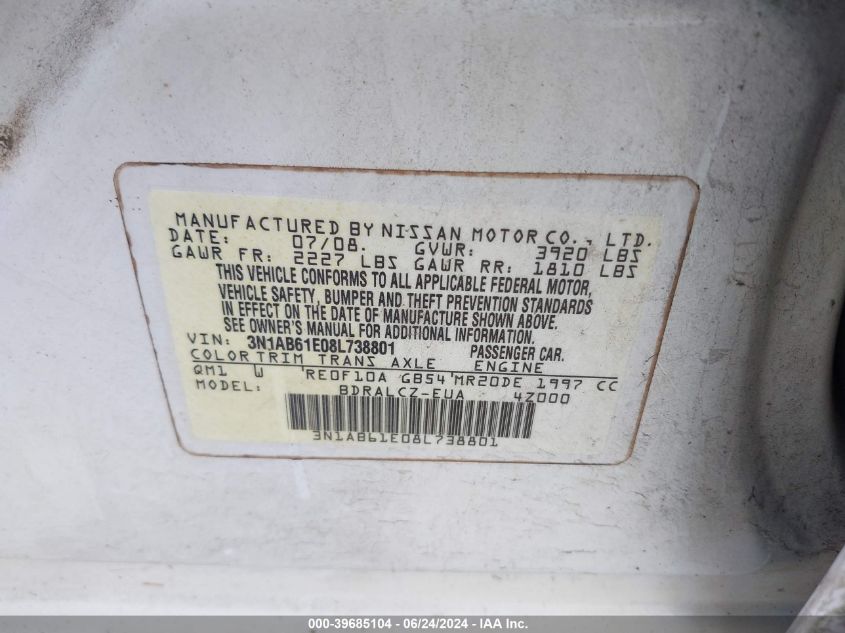 2008 Nissan Sentra 2.0 VIN: 3N1AB61E08L738801 Lot: 39685104