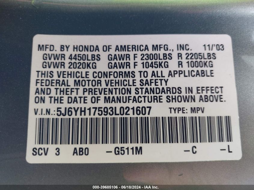 2003 Honda Element Ex VIN: 5J6YH17593L021607 Lot: 39685106