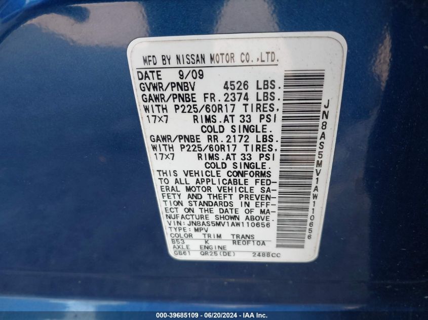 2010 Nissan Rogue S/Sl/Krom VIN: JN8AS5MV1AW110656 Lot: 39685109