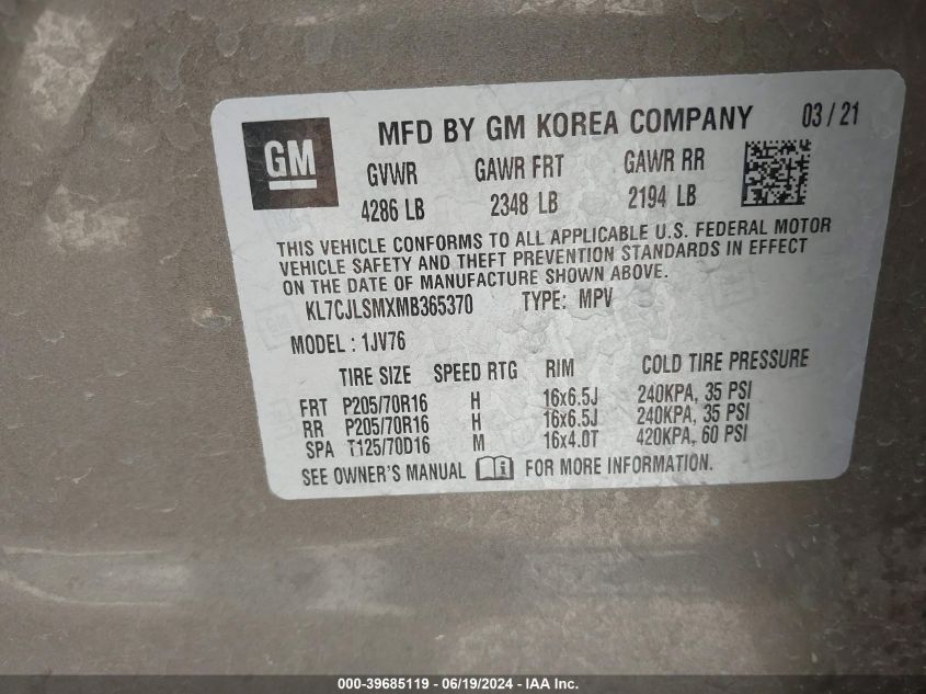 2021 Chevrolet Trax 1Lt VIN: KL7CJLSMXMB365370 Lot: 39685119