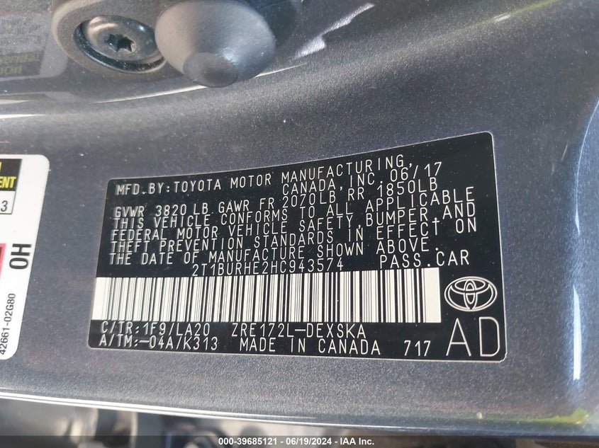 2017 Toyota Corolla Xse VIN: 2T1BURHE2HC943574 Lot: 39685121