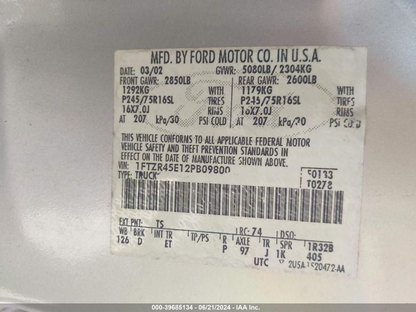 2002 Ford Ranger Edge/Xlt VIN: 1FTZR45E12PB09800 Lot: 39685134