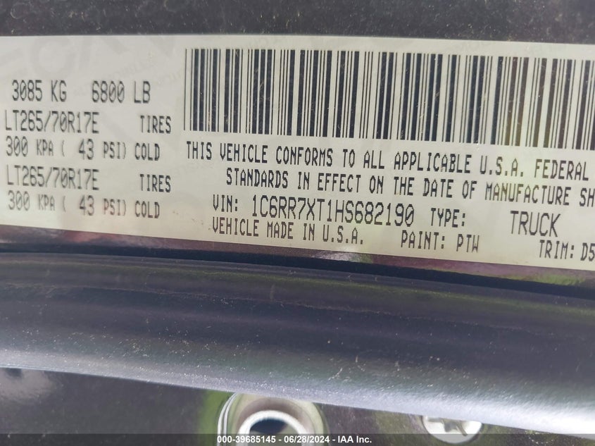 2017 Ram 1500 Ssv 4X4 5'7 Box VIN: 1C6RR7XT1HS682190 Lot: 39685145