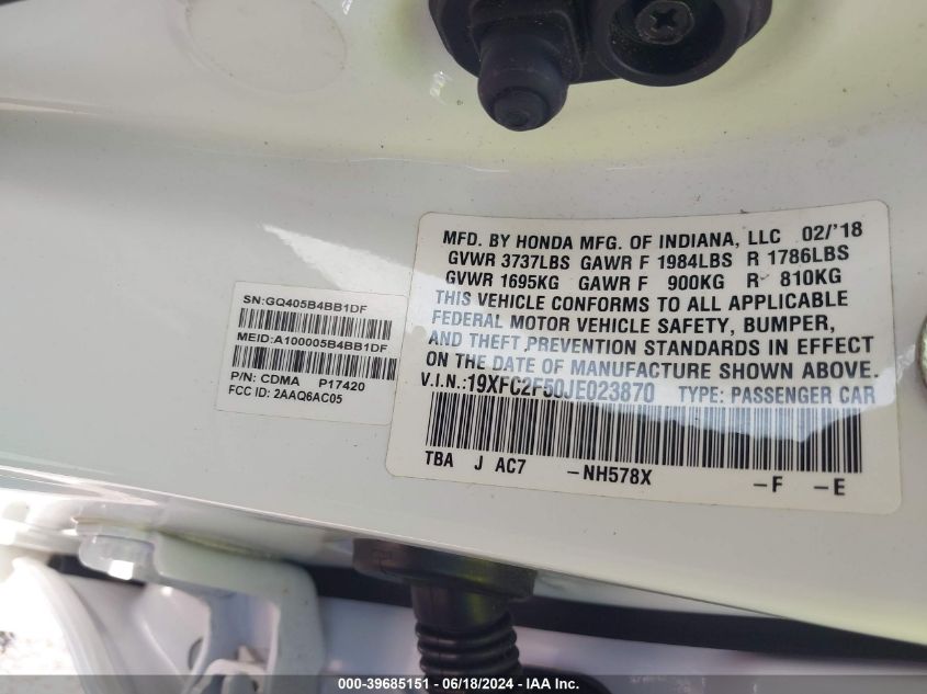 2018 Honda Civic Lx VIN: 19XFC2F50JE023870 Lot: 39685151