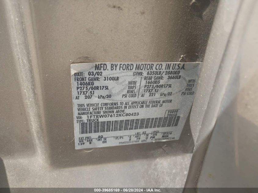 2002 Ford F-150 Lariat/Xlt VIN: 1FTRW07612KC80423 Lot: 39685169