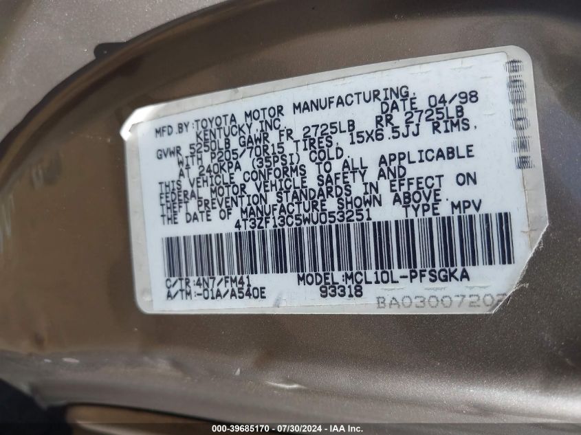 1998 Toyota Sienna Xle VIN: 4T3ZF13C5WU053251 Lot: 39685170