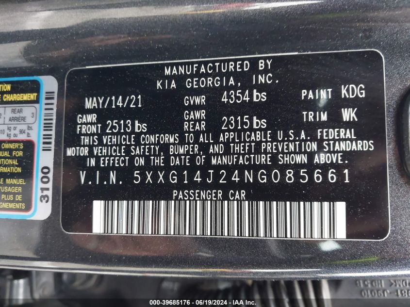 2022 Kia K5 Lxs VIN: 5XXG14J24NG085661 Lot: 39685176