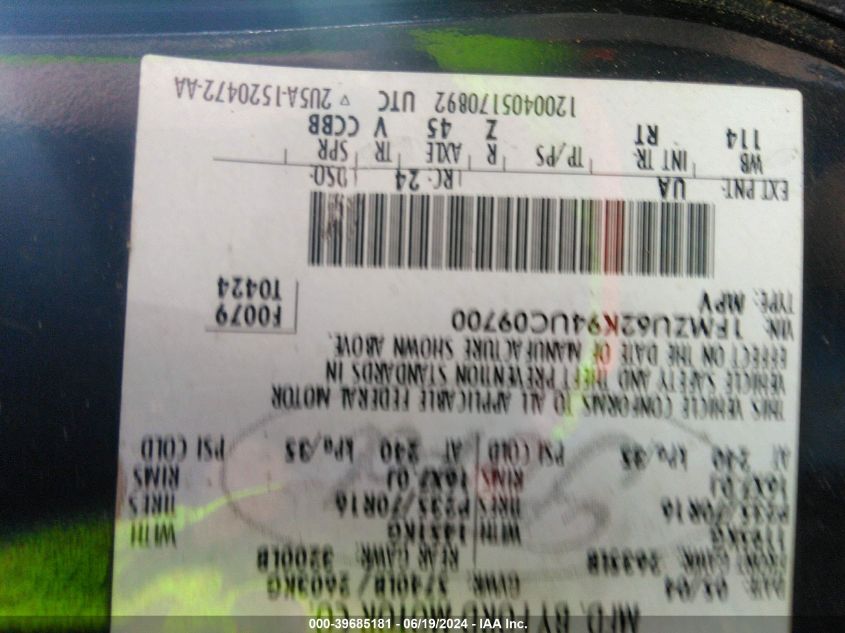 2004 Ford Explorer Xls VIN: 1FMZU62K94UC09700 Lot: 39685181