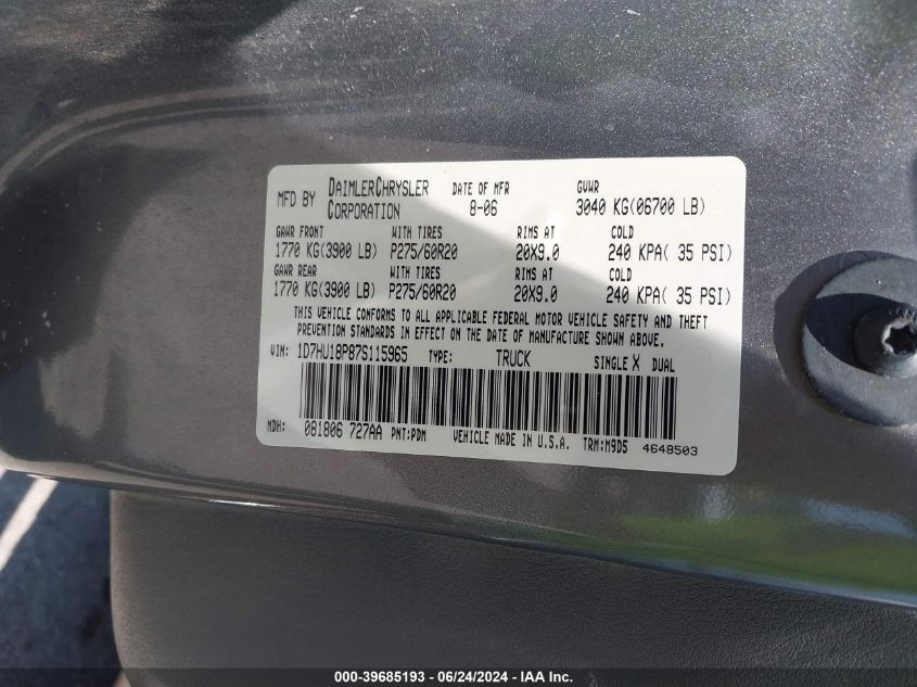 2007 Dodge Ram 1500 Slt/Trx4 Off Road/Sport VIN: 1D7HU18P87S115965 Lot: 39685193