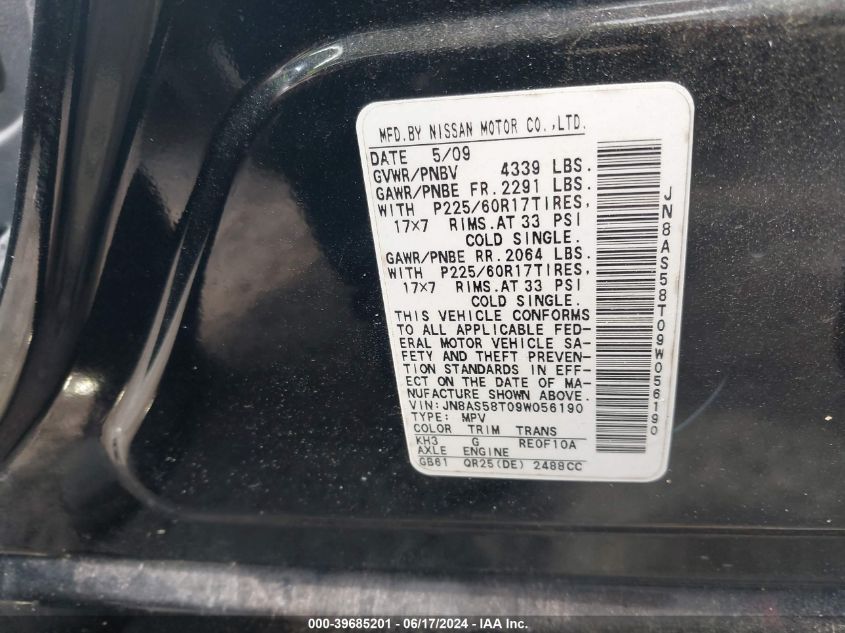 2009 Nissan Rogue Sl VIN: JN8AS58T09W056190 Lot: 40275463