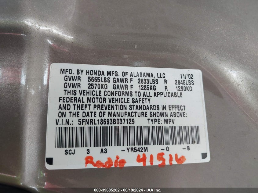 2003 Honda Odyssey Ex VIN: 5FNRL18693B037129 Lot: 39685202