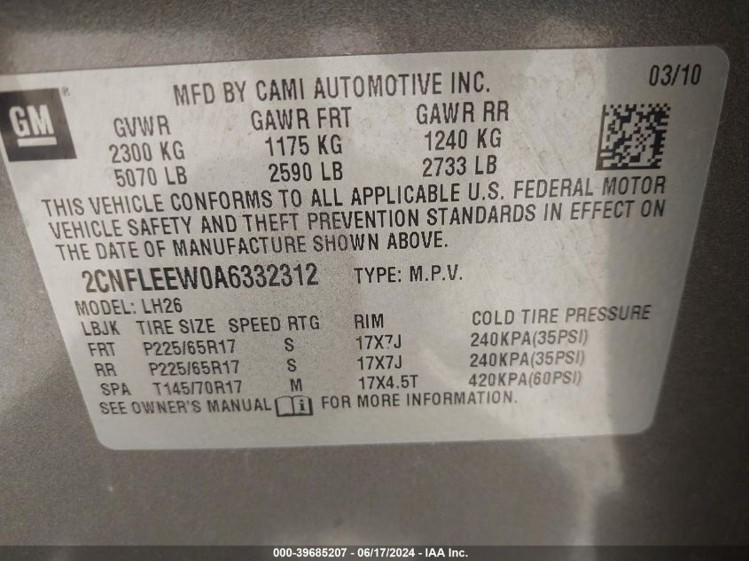 2010 Chevrolet Equinox Lt VIN: 2CNFLEEW0A6332312 Lot: 39685207