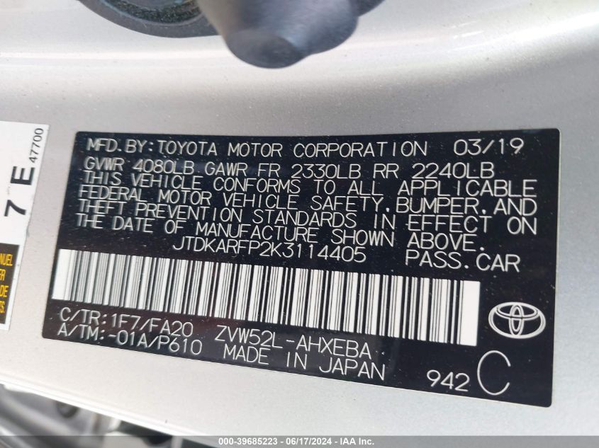 2019 Toyota Prius Prime Plus VIN: JTDKARFP2K3114405 Lot: 39685223