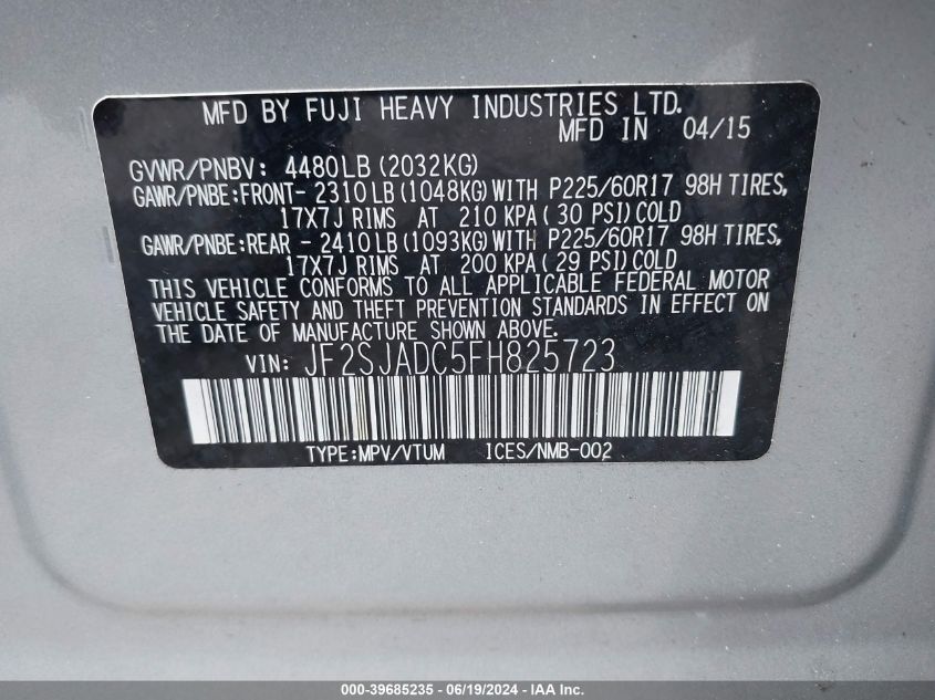 2015 Subaru Forester 2.5I Premium VIN: JF2SJADC5FH825723 Lot: 39685235