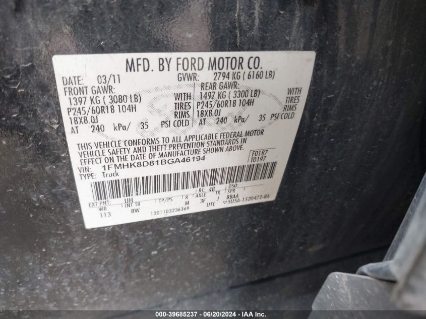 2011 Ford Explorer Xlt VIN: 1FMHK8D81BGA46194 Lot: 39685237