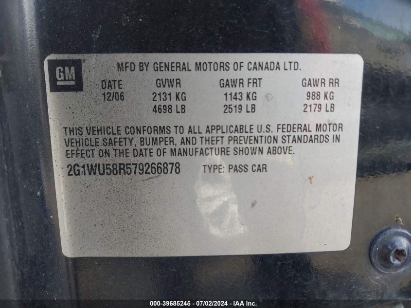 2007 Chevrolet Impala Ltz VIN: 2G1WU58R579266878 Lot: 39685245