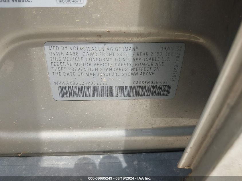 2006 Volkswagen Passat 2.0T/Value Edition VIN: WVWAK93C26P082922 Lot: 39685249