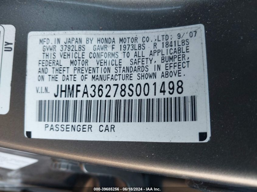 2008 Honda Civic Hybrid VIN: JHMFA36278S001498 Lot: 39685256