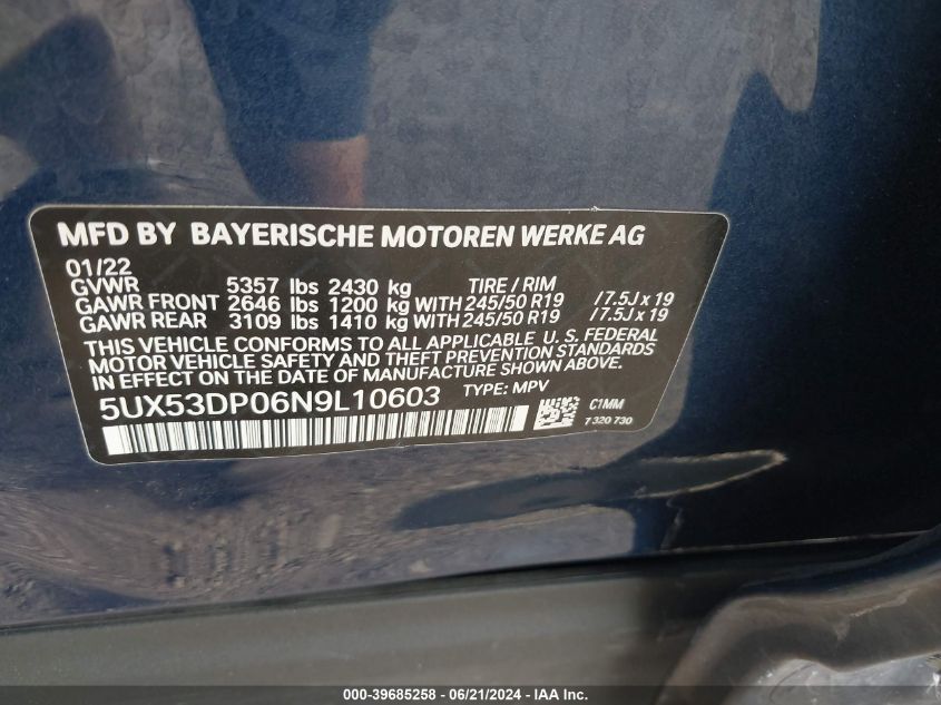 2022 BMW X3 xDrive30I VIN: 5UX53DP06N9L10603 Lot: 39685258