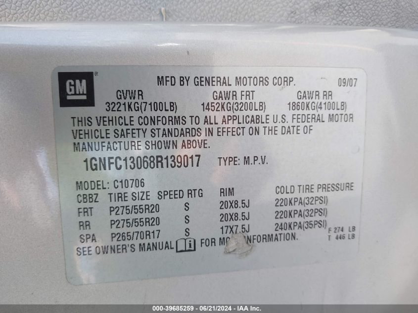 2008 Chevrolet Tahoe C1500 VIN: 1GNFC13068R139017 Lot: 39685259