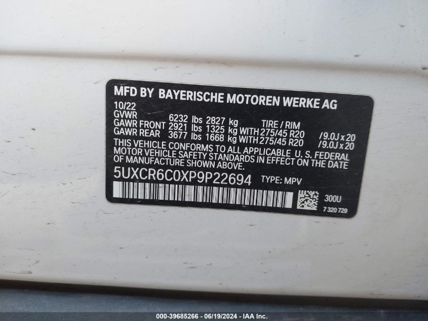 2023 BMW X5 xDrive40I VIN: 5UXCR6C0XP9P22694 Lot: 39685266