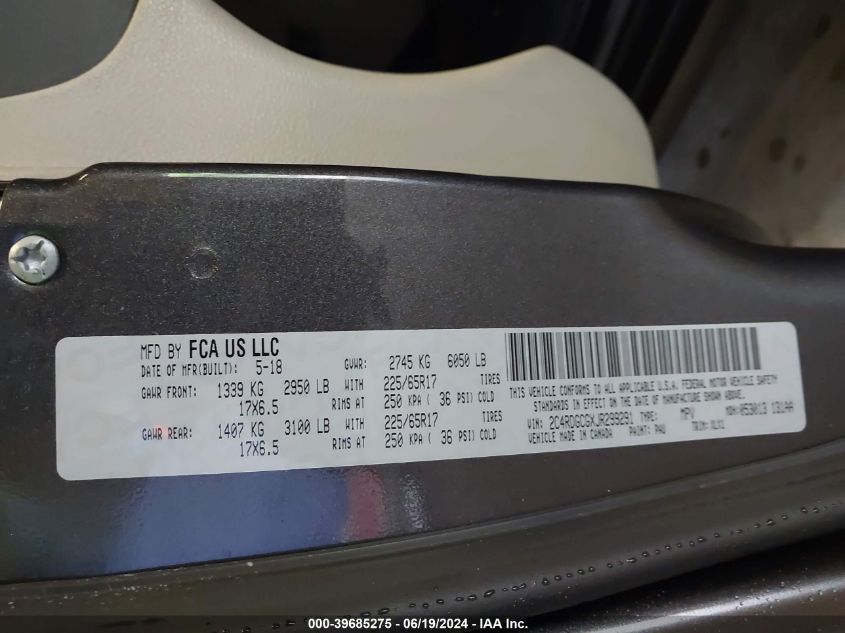 2018 Dodge Grand Caravan Sxt VIN: 2C4RDGCGXJR299291 Lot: 39685275