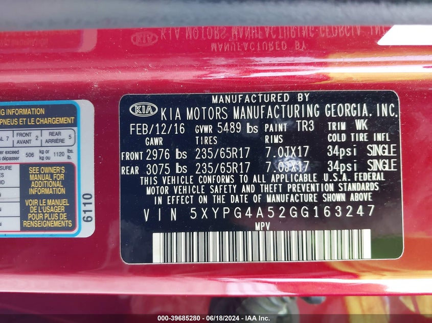 2016 Kia Sorento 3.3L Lx VIN: 5XYPG4A52GG163247 Lot: 39685280