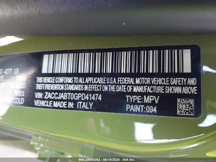 2016 Jeep Renegade 75Th Anniversary VIN: ZACCJABT0GPD41474 Lot: 39685282
