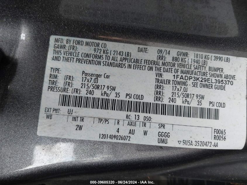 2014 Ford Focus Se VIN: 1FADP3K29EL395370 Lot: 39685320