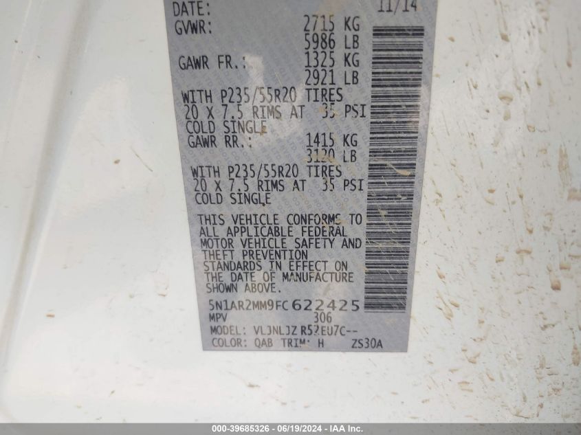 2015 Nissan Pathfinder Platinum VIN: 5N1AR2MM9FC622425 Lot: 39685326