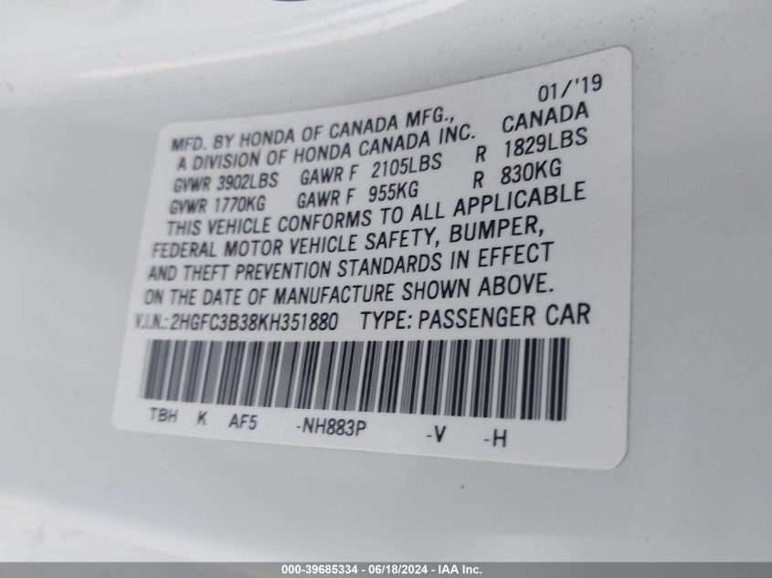 2019 Honda Civic Ex VIN: 2HGFC3B38KH351880 Lot: 39685334