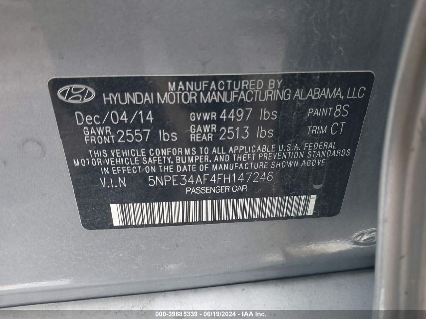 2015 Hyundai Sonata Sport/Limited VIN: 5NPE34AF4FH147246 Lot: 39685339