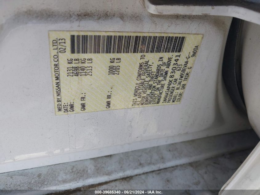 2013 Nissan Maxima 3.5 Sv VIN: 1N4AA5AP4DC830341 Lot: 39685340