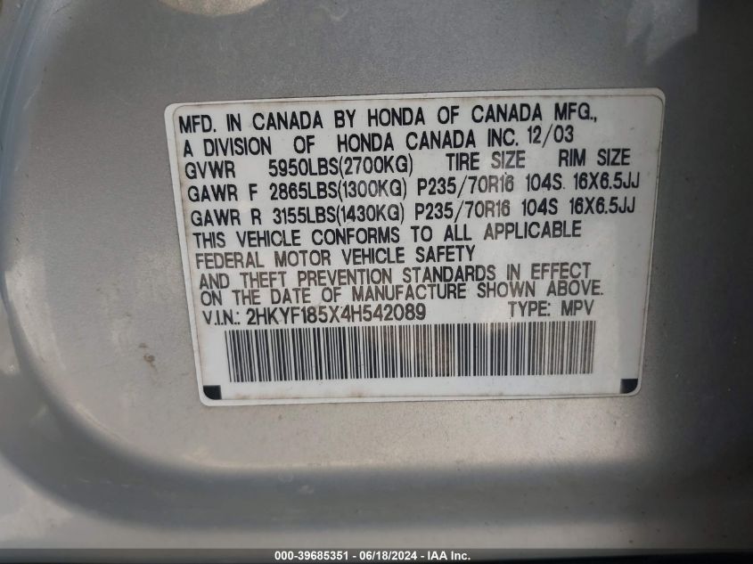2004 Honda Pilot Ex-L VIN: 2HKYF185X4H542089 Lot: 39685351